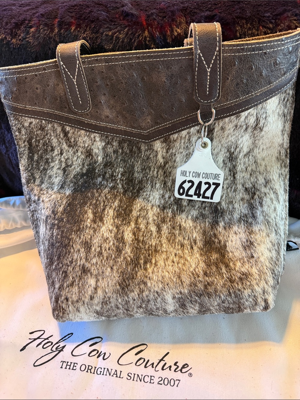 Market Tote Holy Cow Couture Brown Cowhide Tote with Dark Leather Trim